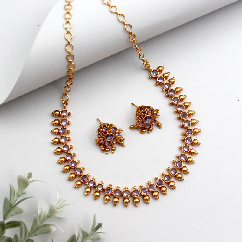 Antique Gold Premium Button Balls Necklace - Lavender